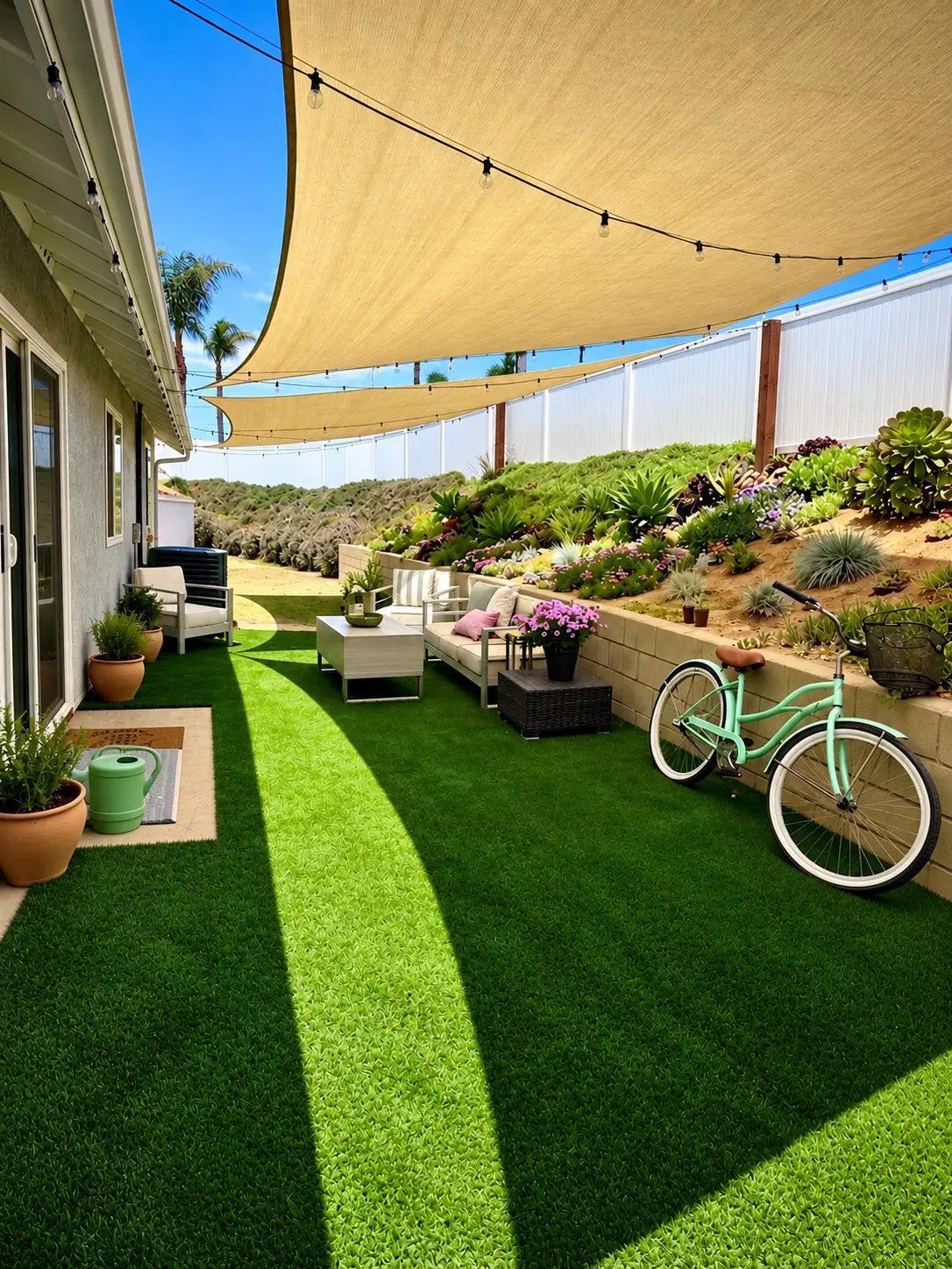 The backyard at Sunrise Care, with shaded seating and string lights, a green lawn, a succulent garden, and a mint green bicycle