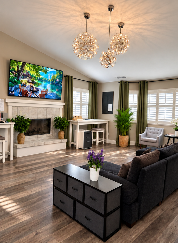The living room at Sunrise Care, with its fireplace, wall-mounted television, hanging globe lights, and olive drapes