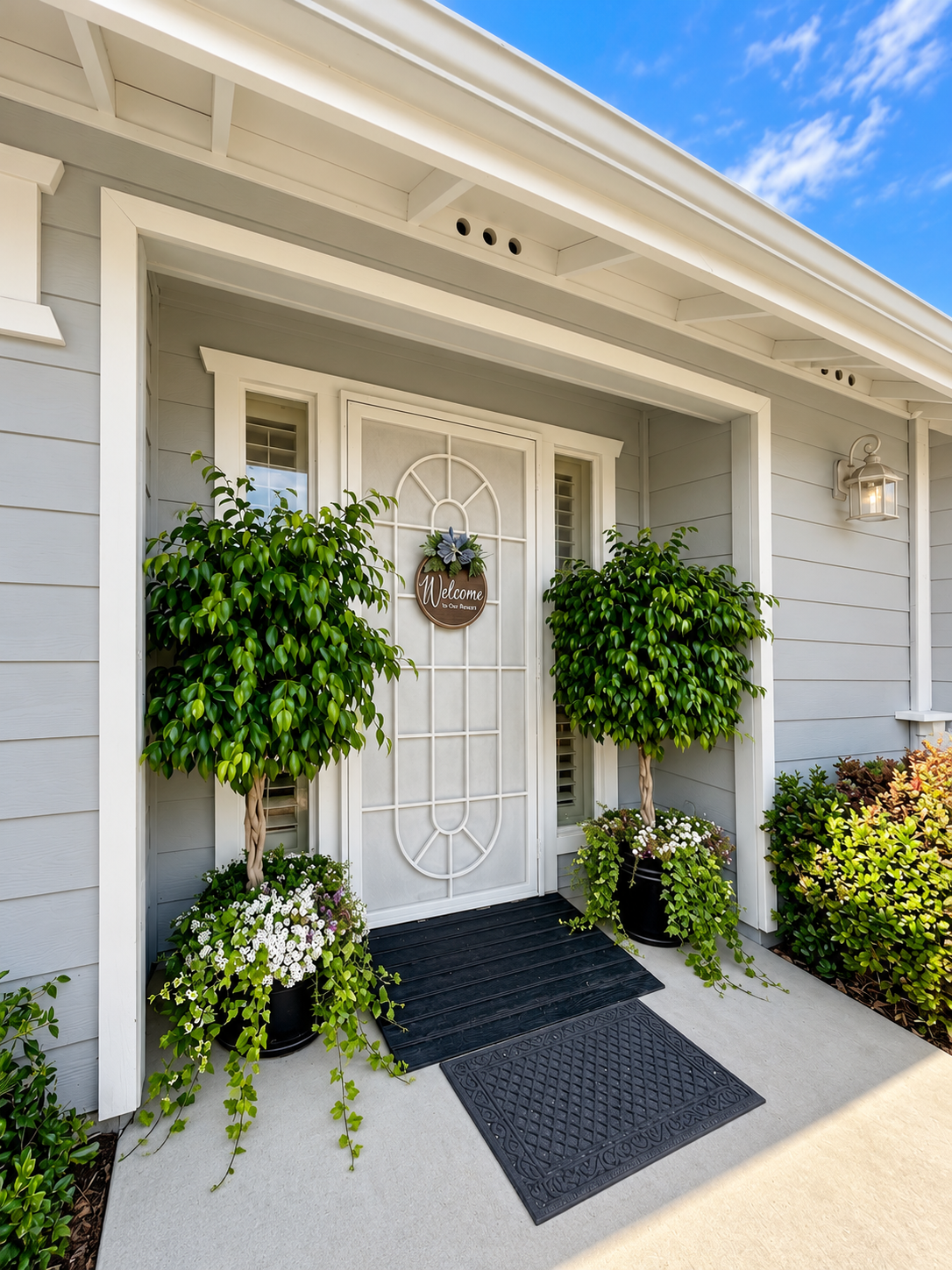 The front door at Sunrise Care, with a white screen door, a hanging Welcome sign, and two potted topiary trees