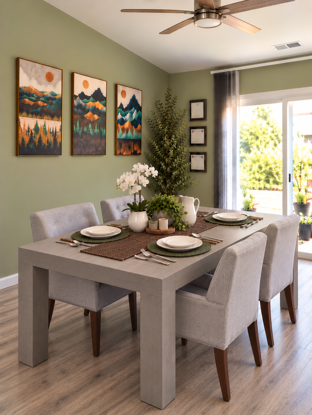 The dining room at Sunrise Care, with the table set for a meal, sage walls, three framed prints, and a sliding door to the patio