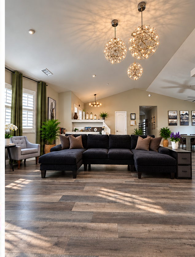 The common area at Sunrise Care, with a large sectional sofa, vaulted ceiling, three wire globe pendant lights, and potted plants